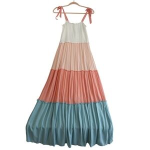 Smocked Maxi Dress Womens S Pastel Multicolor Tiered Tie Shoulder Boho Gauzy